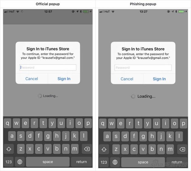 左侧是苹果官方弹出的密码框 右侧是钓鱼工具框